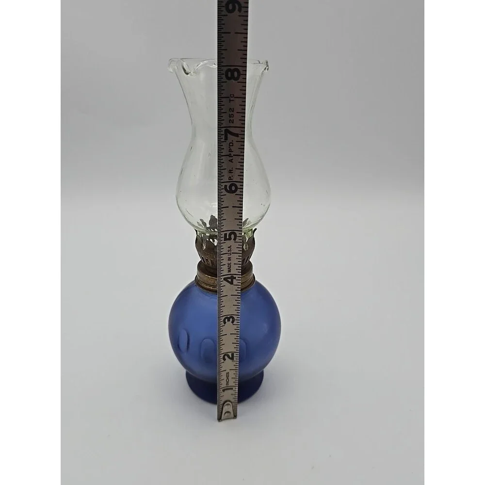 Vtg Miniature Oil Lamp Cobalt Blue Satin Glass Base Scalloped Clear Glass Top